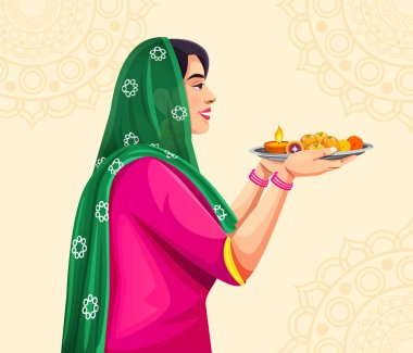 Raksha Bandhan için süslü puja thali tutan Hintli kadın. Yaratıcı Rakhi ile Festival Arkaplan Tasarımı. Hint Festivali yaratıcı kavramı