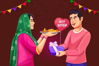 Raksha Bandhan- Kızılderili kardeş kaynaşma festivali. Abi, Raksha Bandhan 'ın balonuna ve ablasına hediye veriyor.