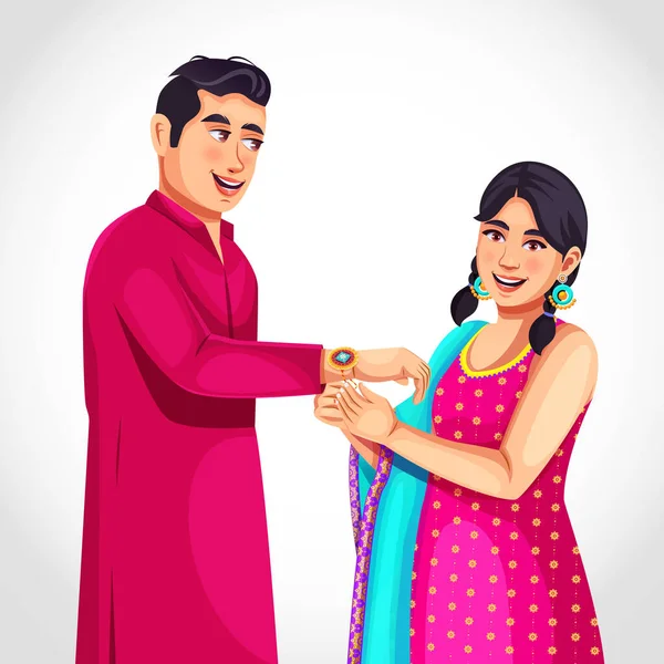 在印度Raksha Bandhan或Bhai Dooj节期间将Rakhi与兄弟绑在一起的女孩 印度民族服装中的人物 — 图库矢量图片