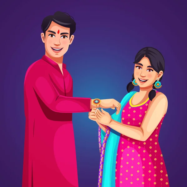 乐乐的印度女孩在Raksha Bandhan节期间把Rakhi和她哥哥绑在一起 Raksha Bandhan和Bhai Dooj的概念 — 图库矢量图片