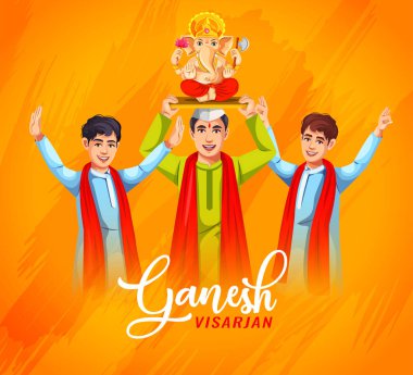 Mutlu Ganesh Visarjan tebrik kartları. İnsanlar dans edip Hint festivalini kutluyor.