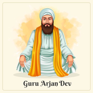 Sih Guru Arjan Dev Ji 'nin resmi, aynı zamanda beşinci Sikh Guru olarak da bilinir, 15 Nisan' da doğdu. Sih 'in Guru Arjan Dev Jayanti festivali için yaratıcı yazılabilir grunge posteri.