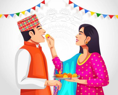 Nepal kutlamalarında Bhai Tika ya da Bhai Tihar festivalinin vektör geçmişi. Nepal halkı karakter tasarımı