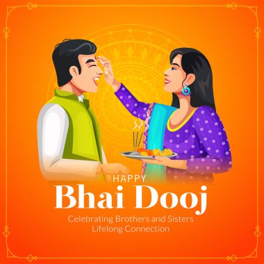 Hintli kardeşlerin vektör tasarımı Mutlu Bhai Dooj 'u renkli yaratıcı sanat şablonu üzerine kutluyor.