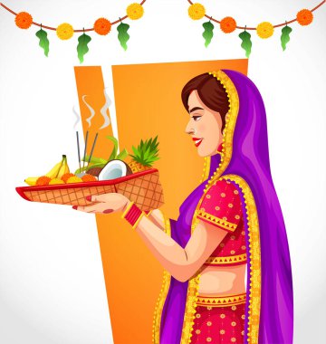 Hindistan 'daki Chhas Puja festivali sırasında kadın güneşe dua eder. Satış reklamları için tebrik kartı ve şablon afişi