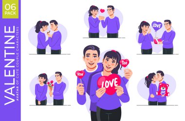 Sevgililer Günü 'nde çift aktivitesi koleksiyonu. Web günlüğü, web sitesi, mobil uygulama ve tanıtım materyalleri için Avatar tasarımı