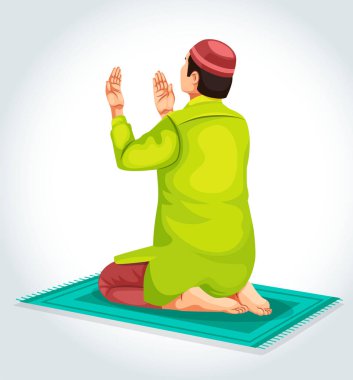 Beyaz arka planda dua eden genç bir Müslüman 'ın vektörü, Müslüman kutsal dua.