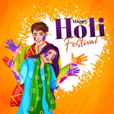 Indian Happy Holi Festival attractive background design. Indian couple wearing ethnic costumes celebrating Holi showing their colored hands isolated over grunge background. Vector illustration design clipart