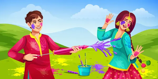 stock vector Happy Holi Indian young cheerful couple playing colorful Holi festival design template for website banner, social post, greetings invitation card, sale promotion, and poster design