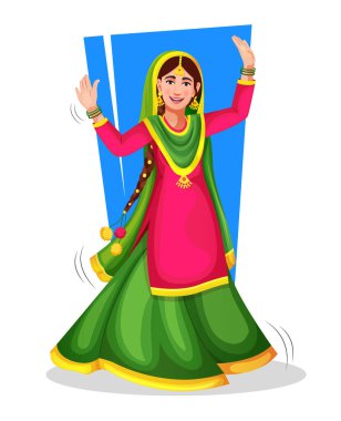 Moda kıyafetleri içinde, el hareketleriyle neşeli bir şekilde gülümseyerek ve dans ederek halk dansı yapan sevimli küçük kız. Punjabi Giddha dansçısı. Lohri dansı avatarı