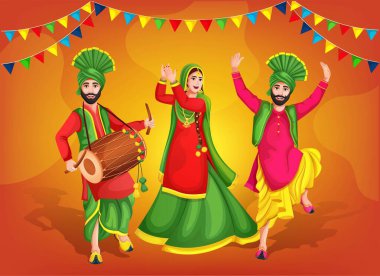 Punjab Hindistan bayrak şablonu Lohri festivali. Lohri dansı yapan bir grup insan. Vektör çizimi. Ulusal kıyafetli Bhangra dansçıları halk dansını temsil ediyor. El hareketleriyle dans adımları atıyorum.