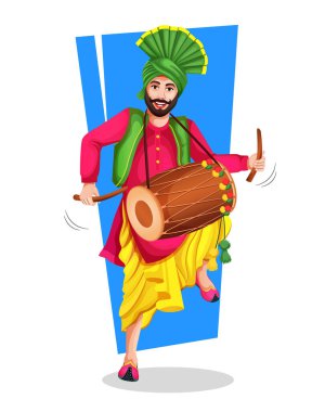 Ulusal kıyafetli bir Punjabi Bhangra dansçısı el hareketleriyle halk dansı adımları atıyor. Lohri ya da Baisakhi dansının vektör illüstrasyonu. Heyecanlı mutlu adam ve dhol tabloları