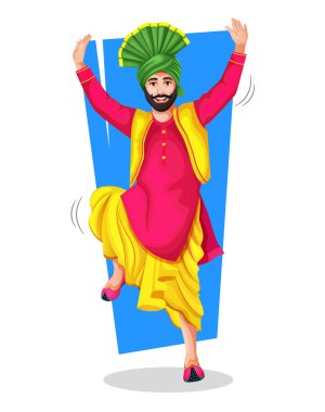 Ulusal kıyafetli bir Punjabi Bhangra dansçısı Lohri ya da Vaisakhi dansı yaparak halk dansı adımları atıyor. Vektör çizimi. Beyaz arkaplanda izole.