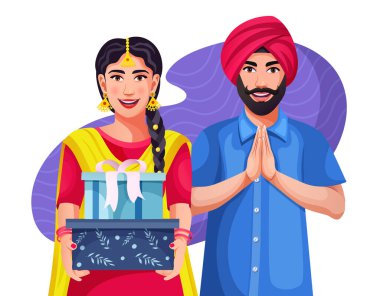 Güzel gülümseyen Punjab çifti geleneksel elbiseler giyip Namaste 'nin ellerine selam veriyor, kurdele yayı hediye kutuları veriyor mor arka planda izole edilmiş, sarıklı bir adam