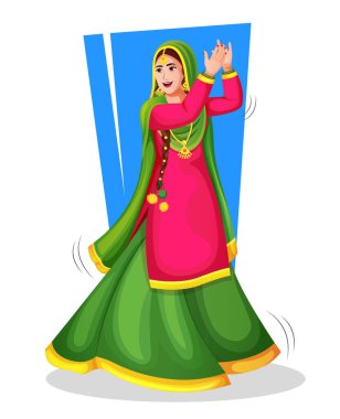 Ulusal kıyafetli bir Punjabi Giddha dansçısı el hareketleriyle halk dansı adımları atıyor. Vektör illüstrasyonu beyaza izole edildi. Lohri dansı yapıyorum. Heyecanlı mutlu kızın çizimleri