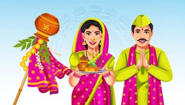 Hint Çifti Gudi Padwa Puja 'yı sahneliyor ya da kutluyor. Marathi Hintli çift geleneksel giysiler içinde dua ediyor