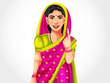Oy verdikten sonra mürekkepli parmağını gösteren genç bir Hintli kadın. Beyaz bir arka planda izole edilmiş oy veren kadın aday