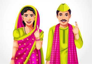 Oy verdikten sonra dövmeli parmaklarını gösteren mutlu bir yerli çifti. Yazılı Saree ve kurta pijamalı bir köylü kadın.