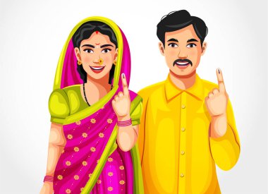 Hintliler seçimlerde oy kullandıktan sonra mürekkep lekeli parmaklarını gösteriyorlar. Hint seçim kavramı. Hindistan 'da demokrasi seçim kabini oylaması.