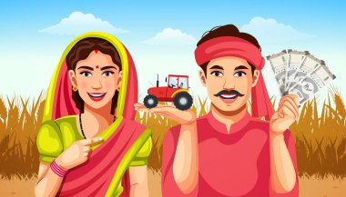 Happy Indian Farmer couple in Colorful Traditional Clothing, Standing in a Wheat Field showing money or currency and tractor toy in hand