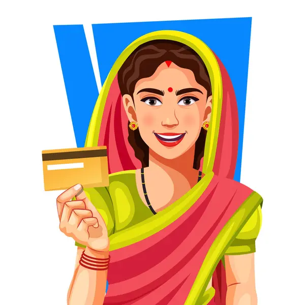 Stock vector Happy Indian rural woman showing debit or credit card to promote making online payment with debit card in an agricultural field. Concept of payment card, online banking, farmer, modern, debit card