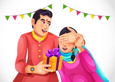 Mutlu Hintli adam gözlerini kapayarak Raksha Bandhan festivalinde ablasına sürpriz bir hediye veriyor. Markalaşma, reklam ve sosyal medya paylaşımı için yaratıcı bir karakter tasarımı