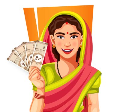 Happy Indian traditional woman in saree holding 10 Indian currency rupee note, isolated on a white background- concept of empowerment, earnings, bank loan, and business clipart