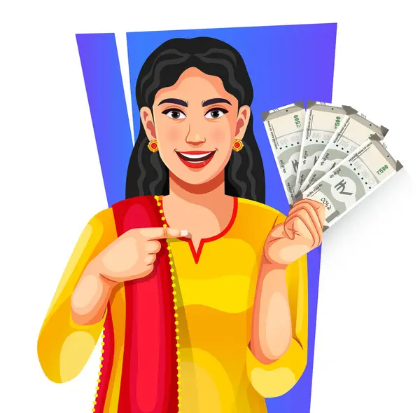 stock vector A cheerful Indian woman in suit salwar showing a group of Indian 500 rupee banknotes in her hand - concept of profit, banking, and investment paper currency