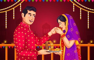 Karwa Chauth 'u kutlayan mutlu Hintli çift, Hint festivali. Karwa Chauth geleneğini icra eden koca, oruç tutan karısına geleneksel giysi, yaratıcı illüstrasyon geçmişi ile su sunuyor.