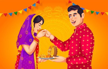 Karwa Chauth festivalini kutlayan mutlu Hintli çift. Karwa Chauth geleneğini icra eden koca, geleneksel yaratıcı arka plan tasarım vektörüyle oruç tutan karısına su sunuyor.