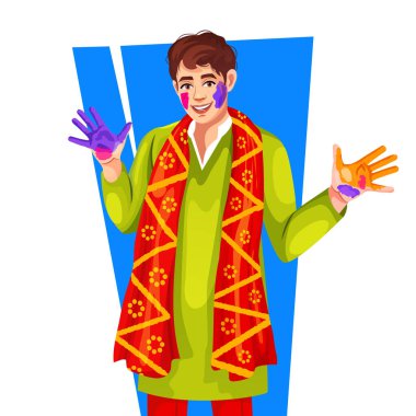 Indian boy celebrating Holi showing his colored hands isolated over white background. Color splash showing colorful or painted palms, playing Holi on an ethnic costume, vector illustration design. clipart