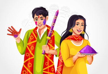 Hintli çift Holi 'yi renk sıçramasıyla kutluyor. Renkli ya da boyanmış avuç içi renkleri etnik bir kostümle Holi 'yi canlandırıyor.