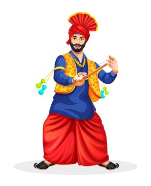 Punjabi bhangra dansçısı geleneksel bir müzik enstrümanı olan Ektara ya da Tumbi ile performans sergiliyor. Punjabi kültür müzik enstrümanı vektör illüstrasyonu