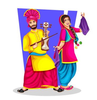 Bhangra Dansçısı bir Giddha kadın dansçısı bir halk dansını temsil eden Sarangi müzik aleti çalıyor. Mutlu Baisakhi festivali temsilciliği