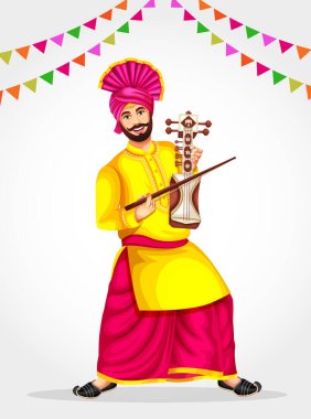 Bhangra dansçısının bhangra dansı yapması ve bir etkinlikte geleneksel müzik enstrümanı Sarangi çalması.