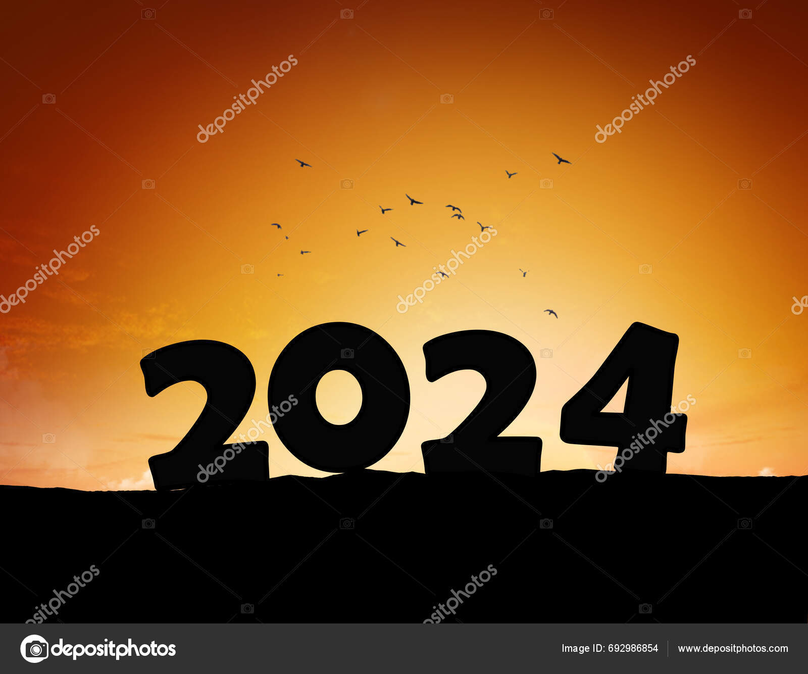 New Year 2024 Sunset Silhouette 2024 Stands Mountain Sun Rays Stock