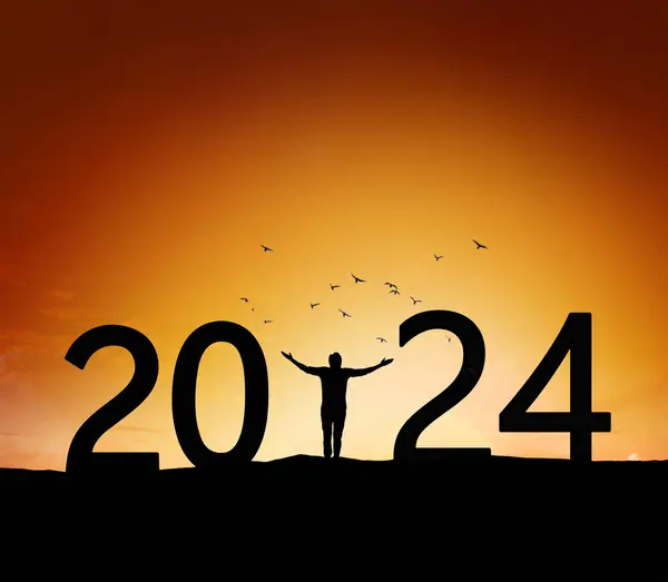 Young Man Standing Silhouette Mountain Orange Sky 2024 New Year — Stock Photo, Image