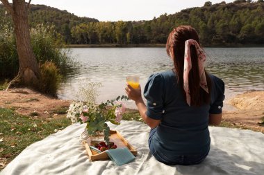 Kız gölün kıyısında piknik süslemeleri, çiçekleri, meyveleri ve meyve sularıyla