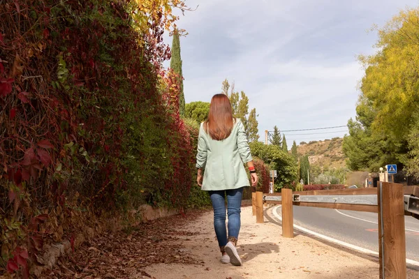 Kahverengi saçlı kız sonbahar manzaralarında yürüyor.