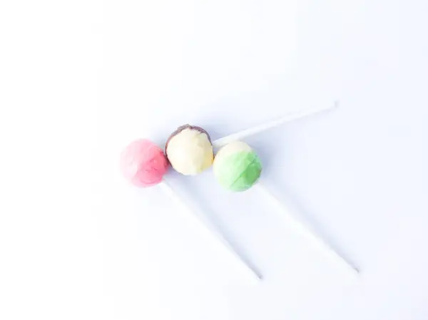 Top View Green Pink Brown Lollipops Three Lollipops Isolated White — Stock Photo, Image