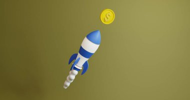 3D bir roket ve altın bir sikke.