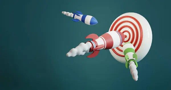 3 boyutlu kırmızı ve beyaz hedef tahtası ve 3 roket çizimi