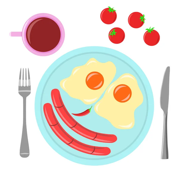 Kunst Illustration Des Frühstücks Gebratene Eier Und Würstchen Leckerer Tee — Stockvektor