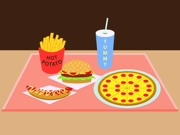 Illustration Restauration Rapide Illustration Vectorielle Art Hamburger Pizza Boisson Hot — Image vectorielle