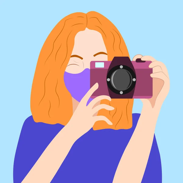 Gadis Berambut Oranye Fotografer Gadis Dengan Kamera Orang Orang Mengambil - Stok Vektor