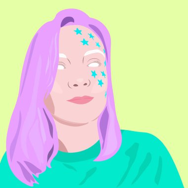 Soluk mor saçlı, beyaz gözlü ve beyaz kaşlı bir kız. Yüzünde yıldızlar var. Açık yeşil arka plan. Baskılar, reklamlar, posterler için bir kızın resim çizimi.