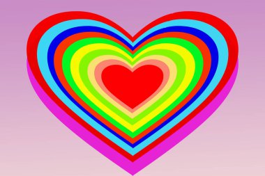Kalp ikonu aşk ikonunun sembolüdür. Pembe arka planda çok renkli kalp şekli. Mutlu Kadın, Anne, Sevgililer Günü, Doğum günü tebrik kartı tasarımı.