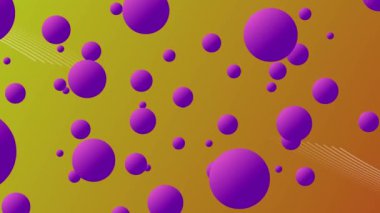 4K Golf ball floating on olive and purple color screen. Looped golf ball 3d animation. Uncontrolled, abstract motion graphics of purple balls animating randomly and across the screen