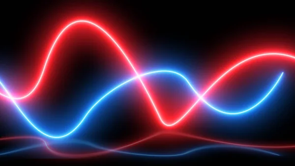 Abstract red and blue neon wave gradient with line glowing on dark background. Futuristic creative shine backdrop. 3d render. Curved fantastic blend wavy lines geometric equalizer.