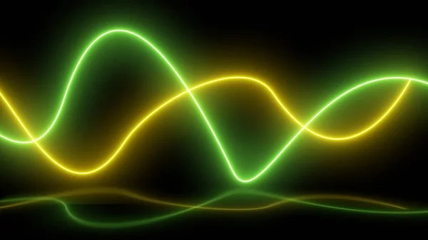 Neon blue and green and yellow light and laser show. Laser futuristic shapes on a dark background. Abstract dark background with neon glow